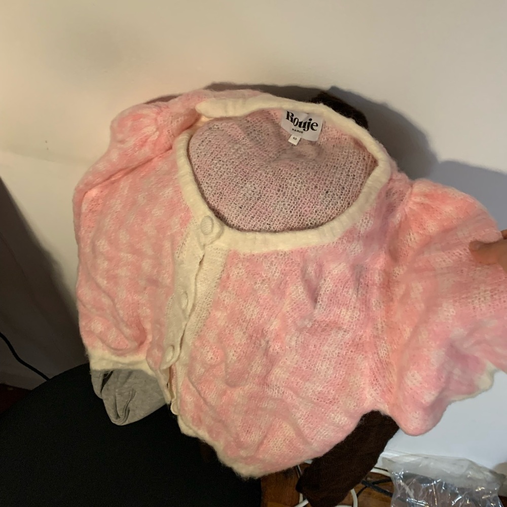 Nwot rouje pink white check mohair short sleeve cropped sweater cardigan